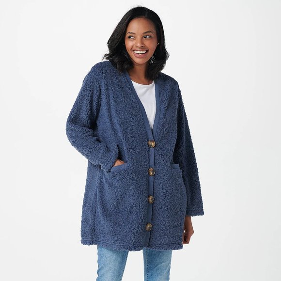 Womens Cozy Sherpa Plush Cardigan W Rib 